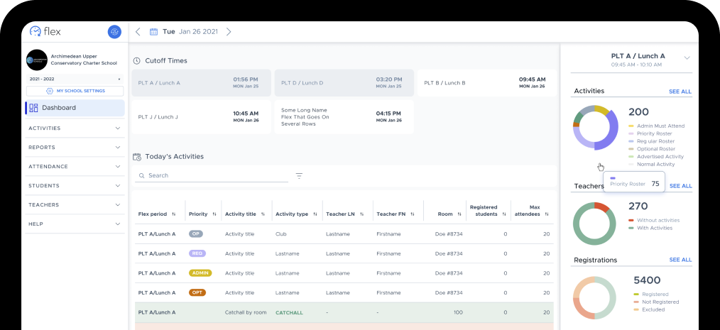 Screenshot of Flex's dashboard showing the menu, list of tadays activities and statistical data