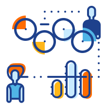 Icon of a flow chart starting at a person moving through a bar chart and another person then ending at a set of circular gears