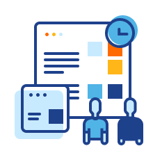 Icon of two people looking at multiple boards with data with a clock before them