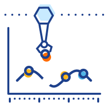 Icon of a line chart and a robotic arm above it picking up and moving one of its values