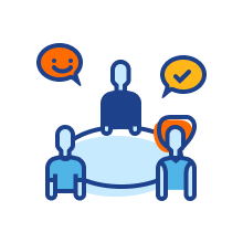 Icon illustrating three people chatting over a round table