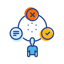 Icon of a person looking at a circular process diagram with text, cross and checkmark