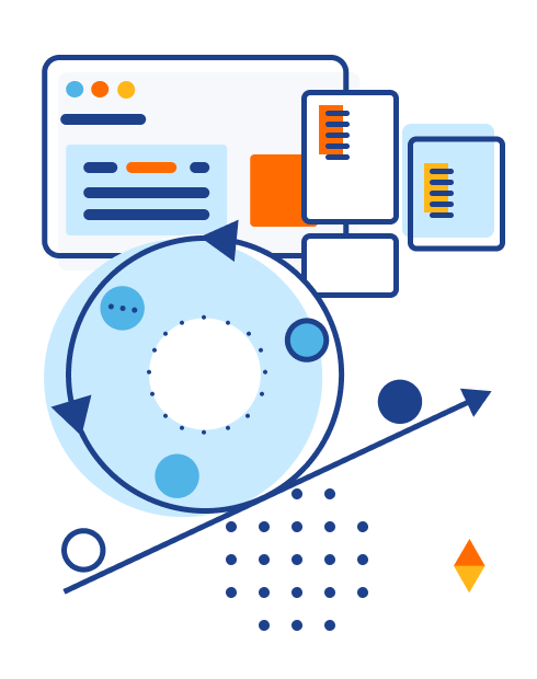 Illustration of a skewed agile diagram with some screens and cards in the background