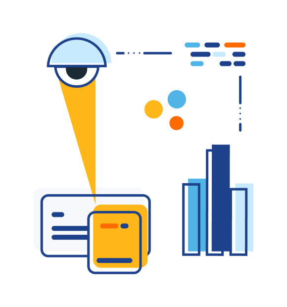 Illustration of an eye that is scanning some snippets and is connected to a data chart