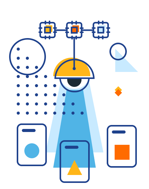 Illustration of an eye connected to some computer chips scanning through objects ordered in a line