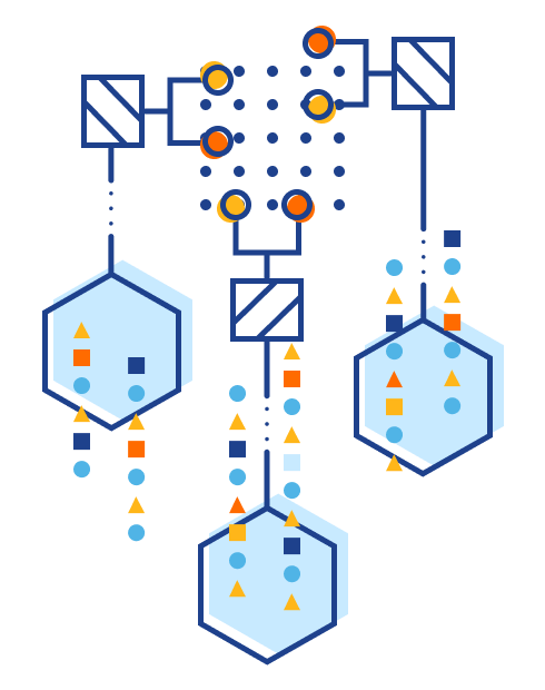 Illustration of schema elements connected to three hexagons and data is flowing between them