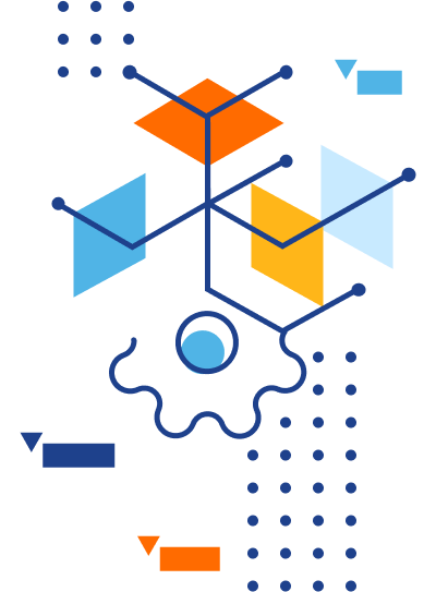 Illustration of isometric scheme of thin plates connected to a gear and two mouse cursors of different color