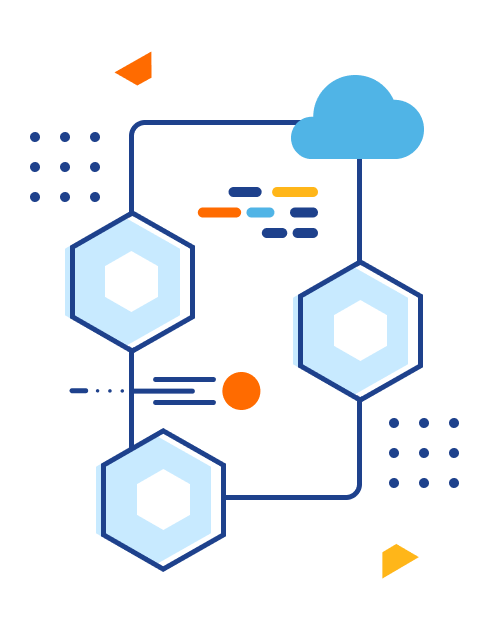 Illustration of hexagon shapes connected with a like to a cloud with fewr rows of code in the center