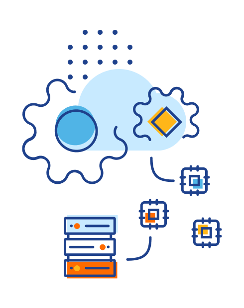 Illustration of gears over a cloud pointing with a line to some computer chips then a server