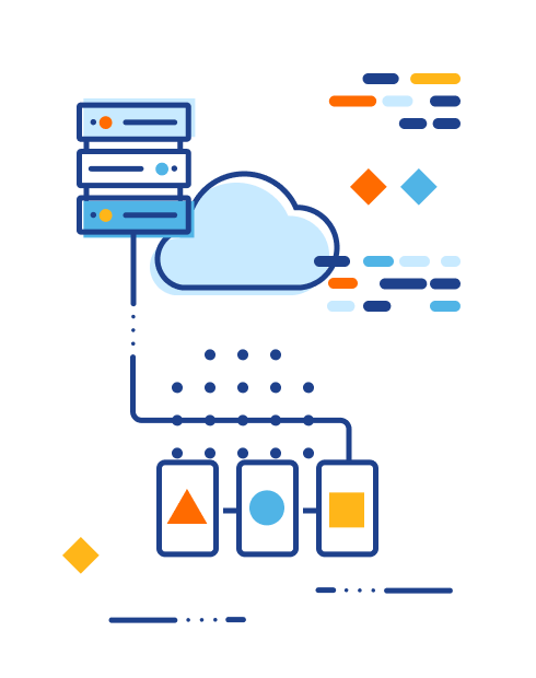 Illustration of a server next to a cloud linked to three mobile devices
