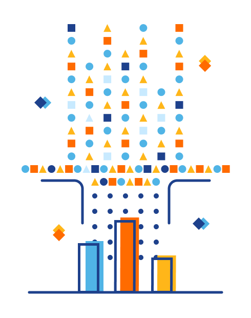 Illustration of small chunks of data in the shape of circle triangle and square flowing through a funnel and transforming into a data chart