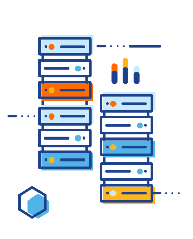 Illustration of vast number of connected servers and data bars floating around them