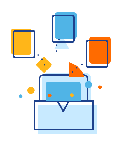 Illustration of pages and other geometric shapes popping out of a box