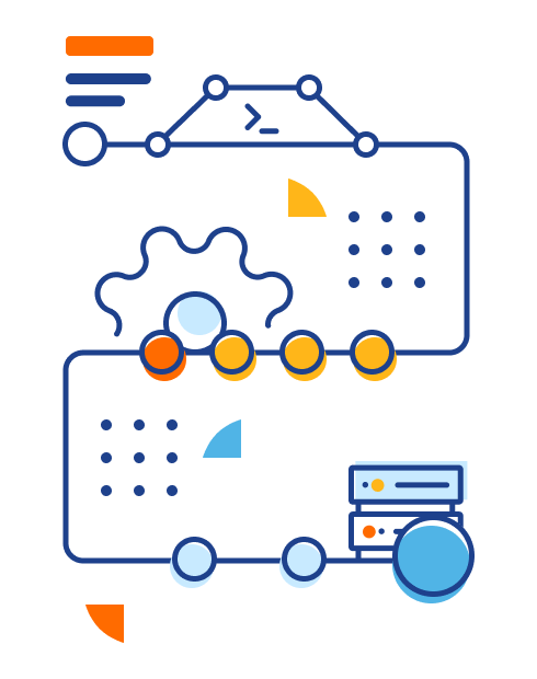 Illustration of an S-shaped schematics starting with code going through gears and ending at a server