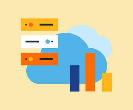 Illustration of a cloud and before it a server and a chart made of geometric shapes