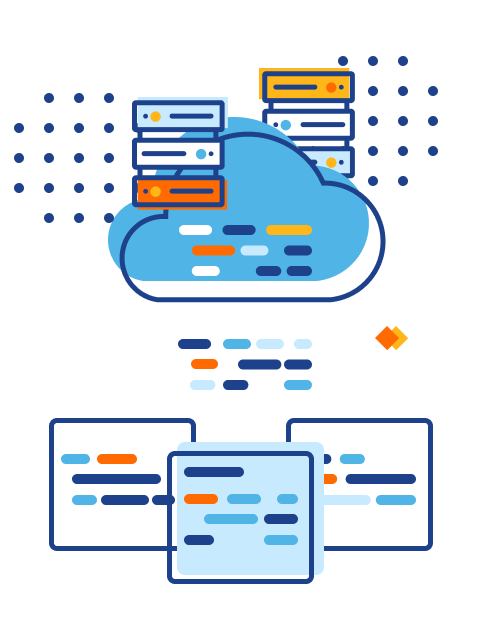 Illustration of a cloud with servers from which is raining code onto screens displaying more code