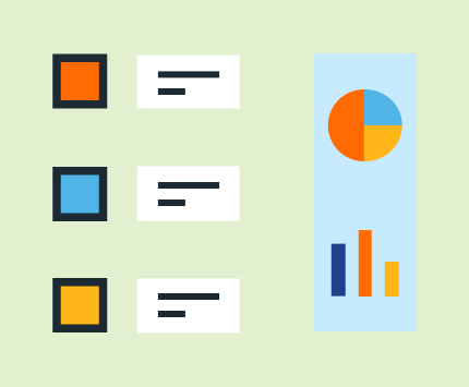 Illustration of geometric shapes forming a list and statistics panel