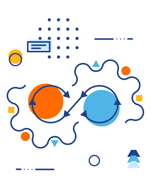 Illustration of gears connected together and forming the devops symbol similar to the infinity sign