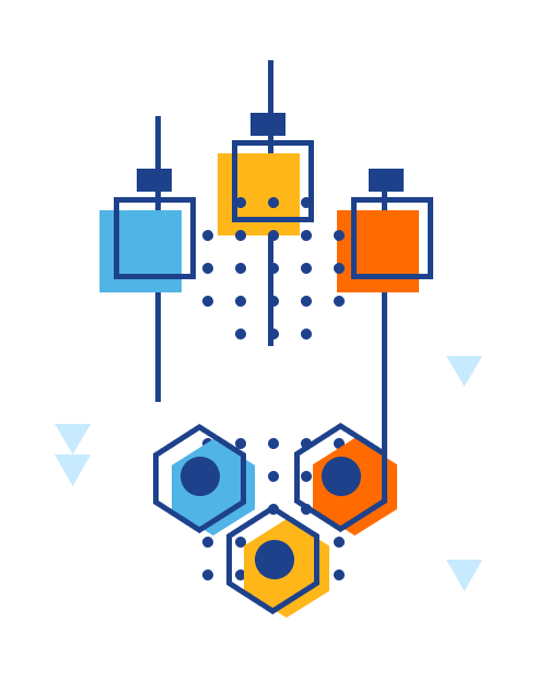 Illustration of slide controls above a stack of hexagons resembling gears