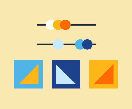 Illustration of geometric shapes forming an abacus and some data presentation boxes below it