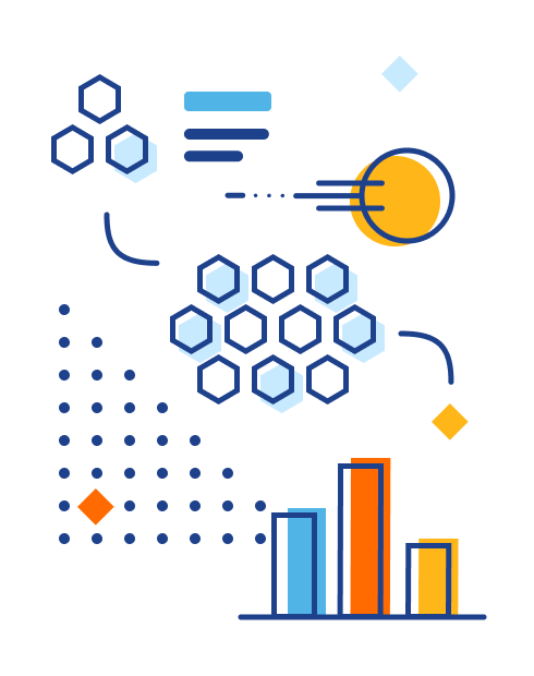 Illustration of hive like group of hexagons linking to each other and to a bar chart