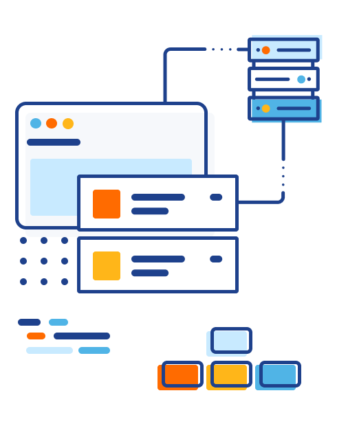 Illustartion of a server rack linked to a screen with some snippets popping out of it