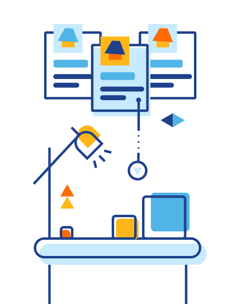 Illustration of a workstation and some profile sheets hanging over it