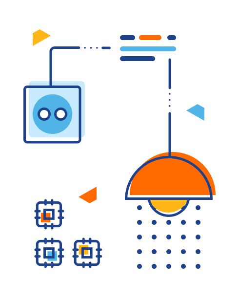 Illustration of computer chips next to a system of an electric socket and a lamp