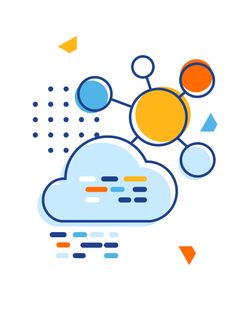 Illustration of a clound from which are raining rows with code and IoT bubbles symbol showing behind it