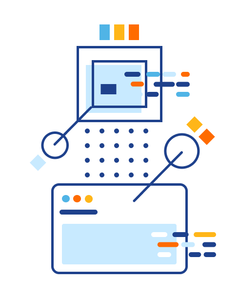 Illustration of a simplified display with analogous elements and a more detailed and modern display below it