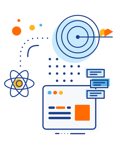 Illustration of a target, atom and a screen with snippets coming out of it