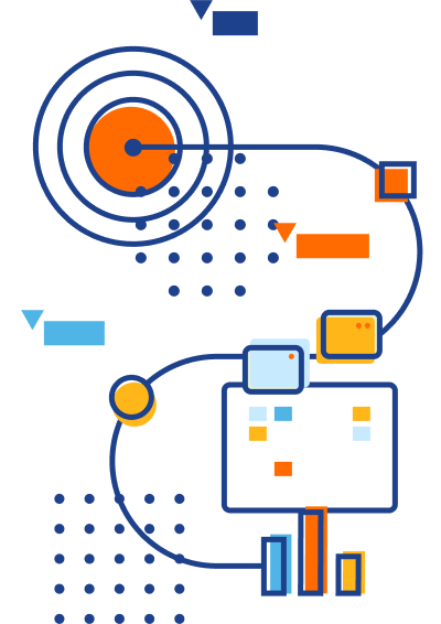 Illustration of S-shaped flowchart coming out of a target and ending at a board with a bar chart below it