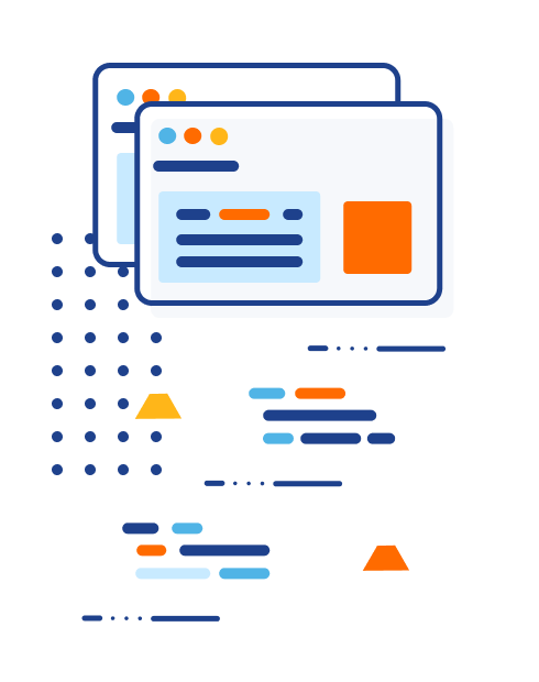 Illustration of two stacked screens followed by rows of code