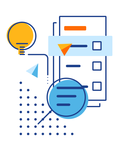 Illustration of a clipboard with checklist, a magnifying glass and a light bulb