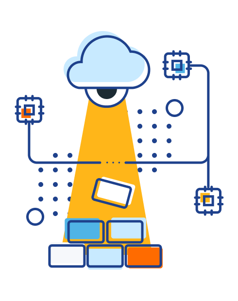 Illustration of an eye coming out of a cloud scanning a brick construction and is connected to computer chips on its sides