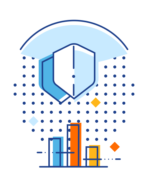 Illustration of couple of shields stacked together and a bar chart before them