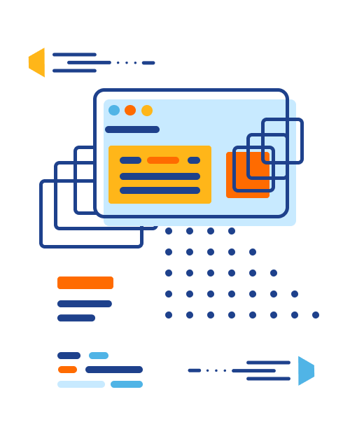 Illustration of a screen with multiple layers, some objects moving to albothl sides above and below it and some code rows below it