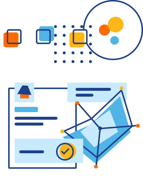 Illustration of a resume with statistical data elements floating around it