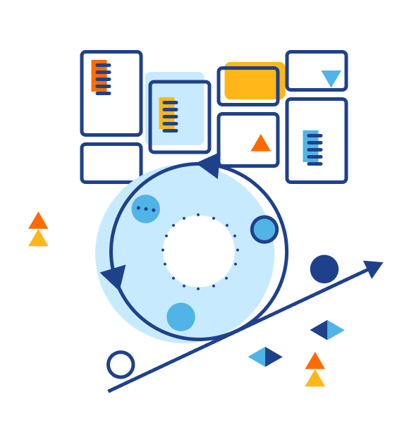 Illustration of a skewed agile diagram with a scrum board in the background