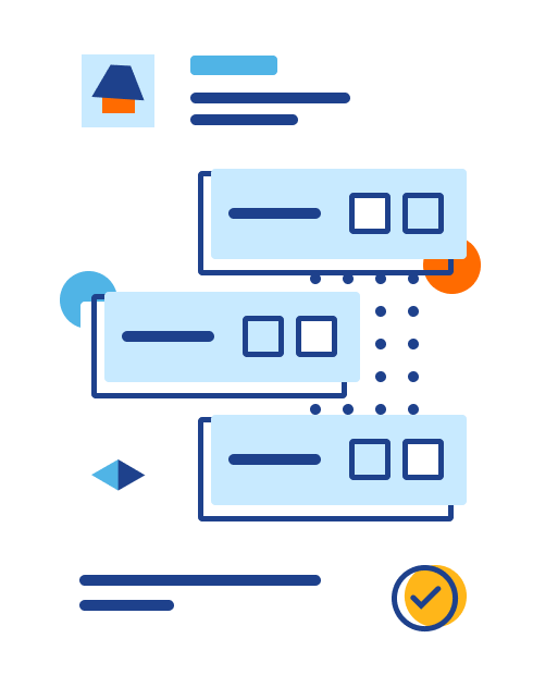 Illustration of profile header followed by list of information cards with a checkmark at the end