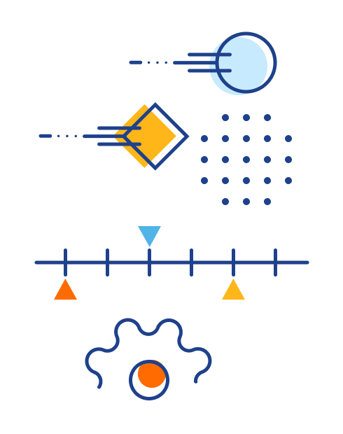 Illustration of two geometric objects moving forwards, a timeline below them and a gear
