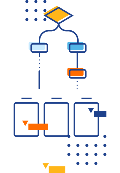 Illustration of a flowchart flowing from top to bottom ending at a board with three different columns and three mouse cursors of different color moving across them