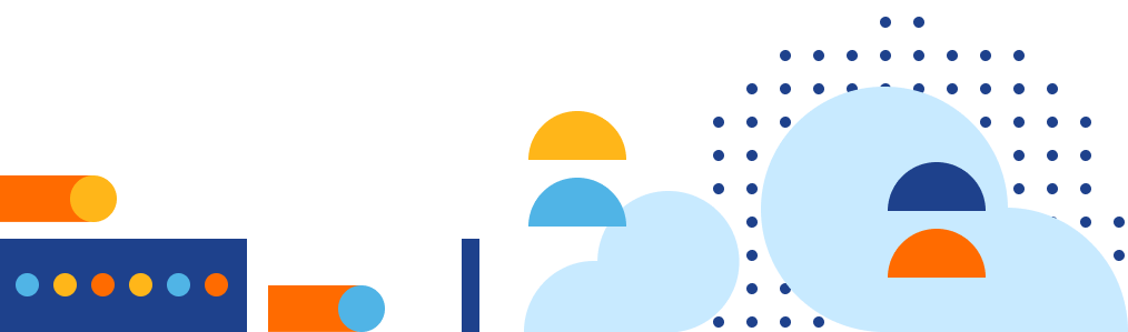 Illustration of geometric shapes scattered horizontally some of which resemble clouds and data bars