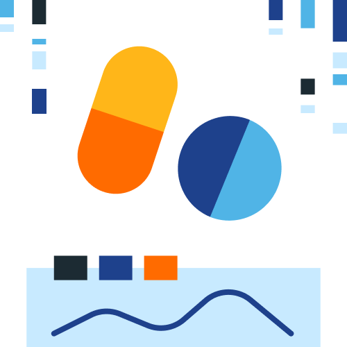 Abstract illustartion of pills and a pulse rate monitor made of geometric shapes