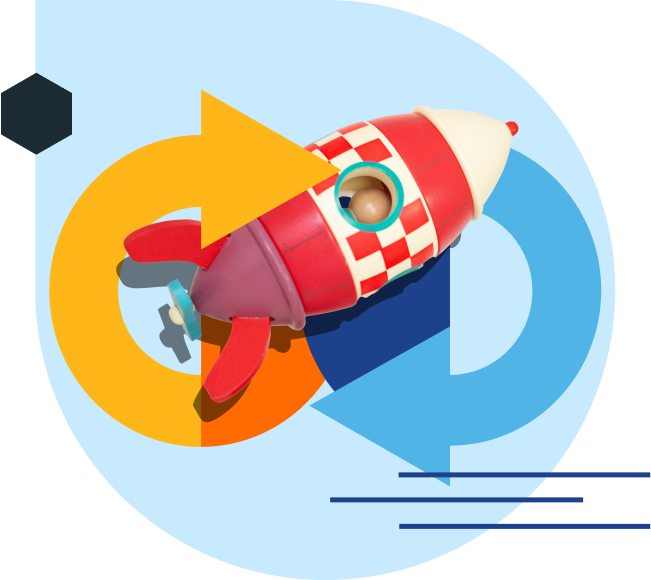 Image of a wooden rocket toy on a background of colorful geometric shapes