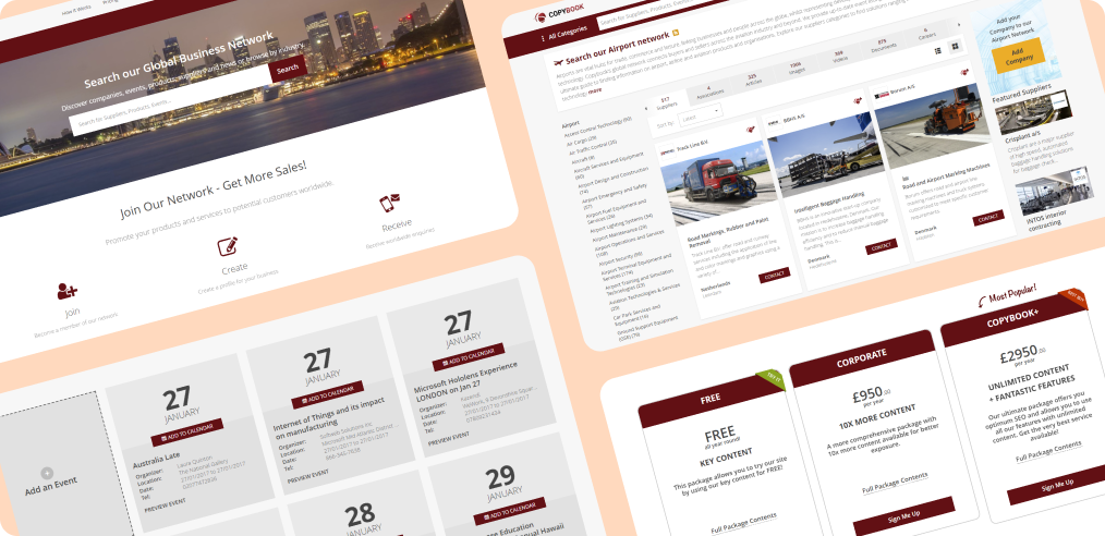 Mixture of screenshots of Copybook's website - homepage, profile listing, event listing, pricing